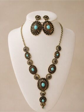 Boutique Western Turquoise Statement Necklace Set Earrings GoldSouthwestern